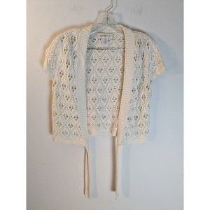 Jones New York White Crocheted Sweater with bottom tie, Size Petite Medium